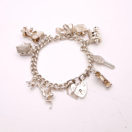 Sterling Silver Multi Charm Heart Padlock Charm Bracelet inc. key,cottage,cherub