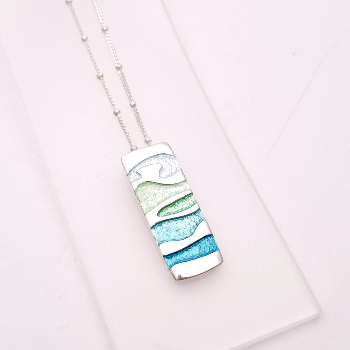 Sterling Silver Multi-coloured Blue Enamel Rectangular Pendant Necklace