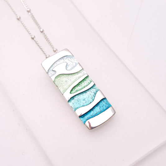 Sterling Silver Multi-coloured Blue Enamel Rectangular Pendant Necklace