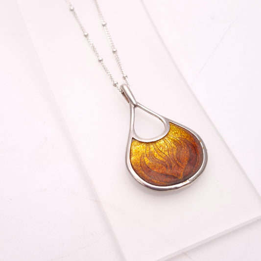 Sterling Silver Golden Amber Enamel Pendant Necklace