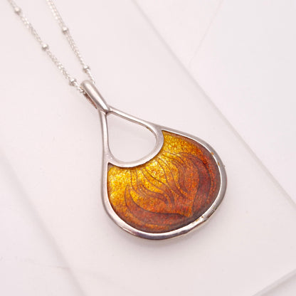 Sterling Silver Golden Amber Enamel Pendant Necklace