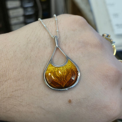 Sterling Silver Golden Amber Enamel Pendant Necklace