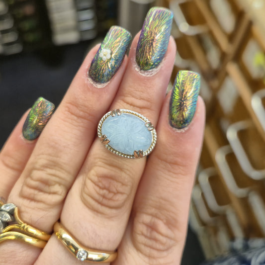 Sterling Silver Statement Floral Carved Dyed Jade High Set Ring