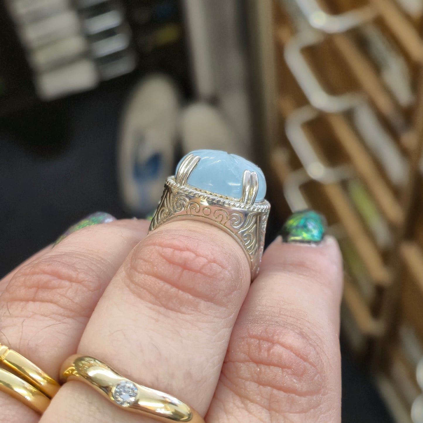 Sterling Silver Statement Floral Carved Dyed Jade High Set Ring