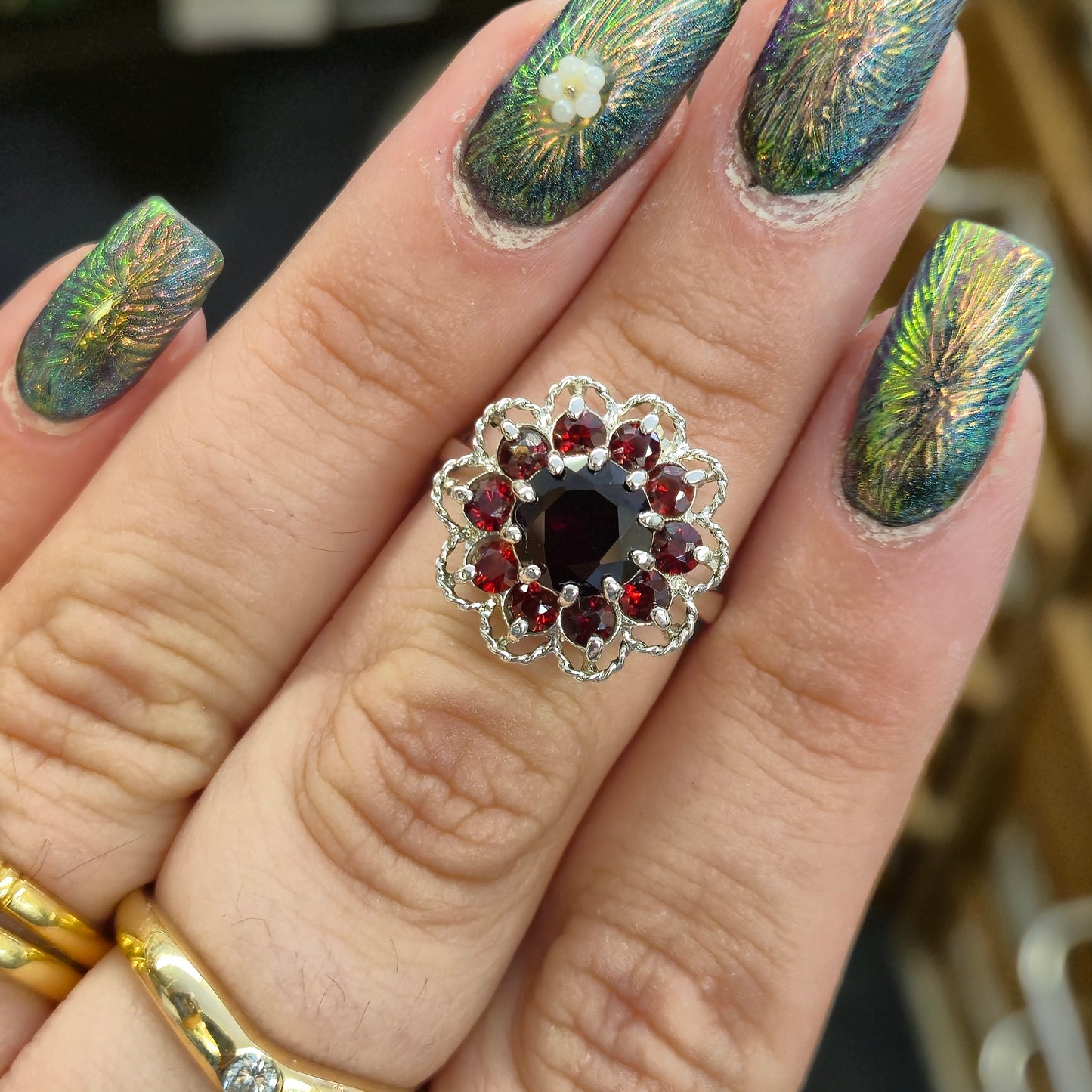 Sterling Silver Vintage Garnet Multi-Stone Cluster Ring