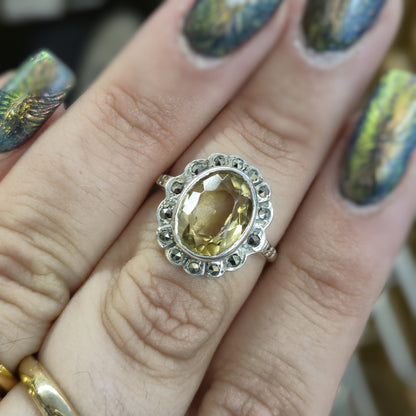 Sterling Silver Yellow Topaz and Marcasite Cluster Ring