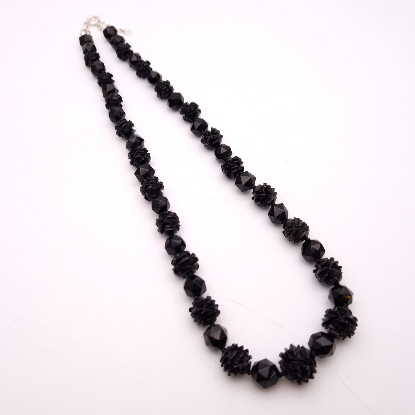 Sterling Silver Carved Whitby Jet Beaded Necklace