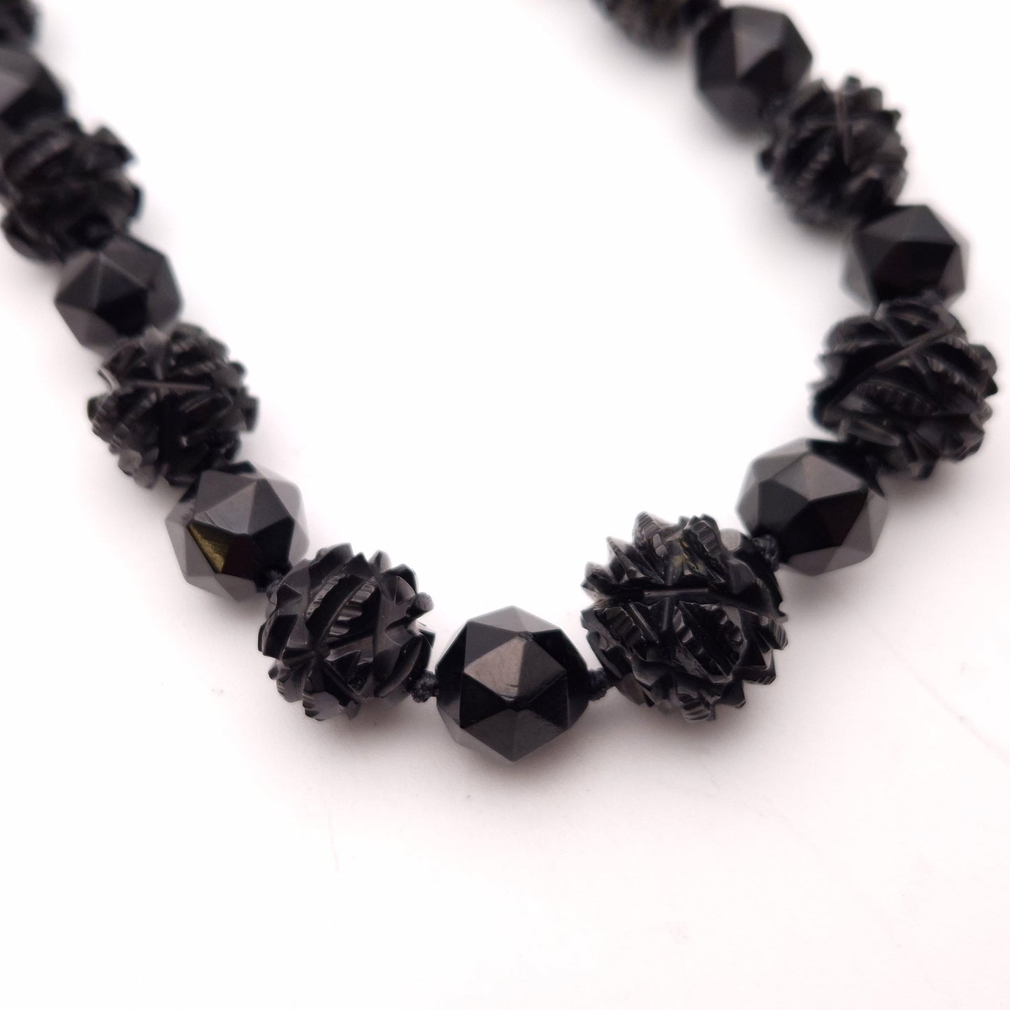 Sterling Silver Carved Whitby Jet Beaded Necklace