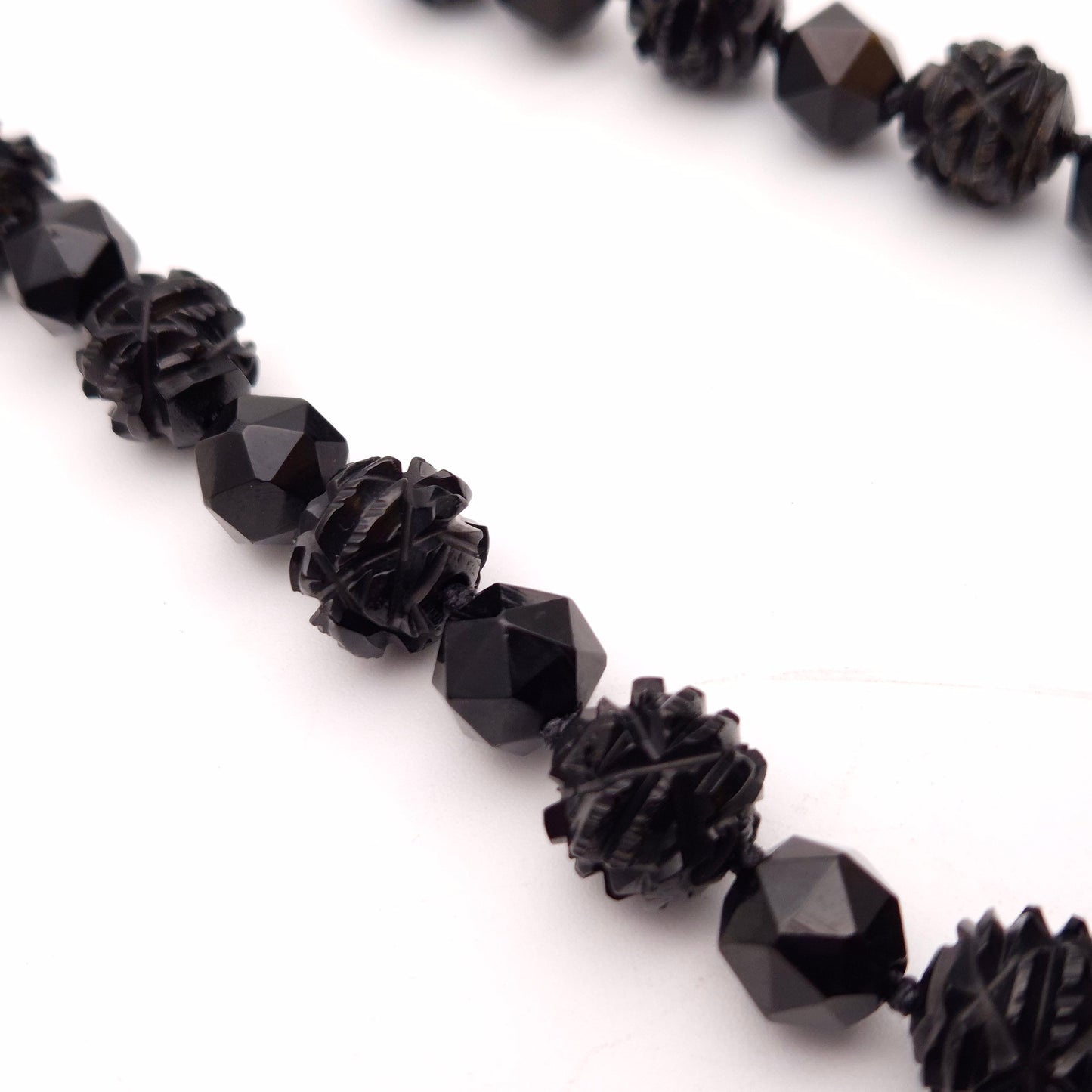 Sterling Silver Carved Whitby Jet Beaded Necklace