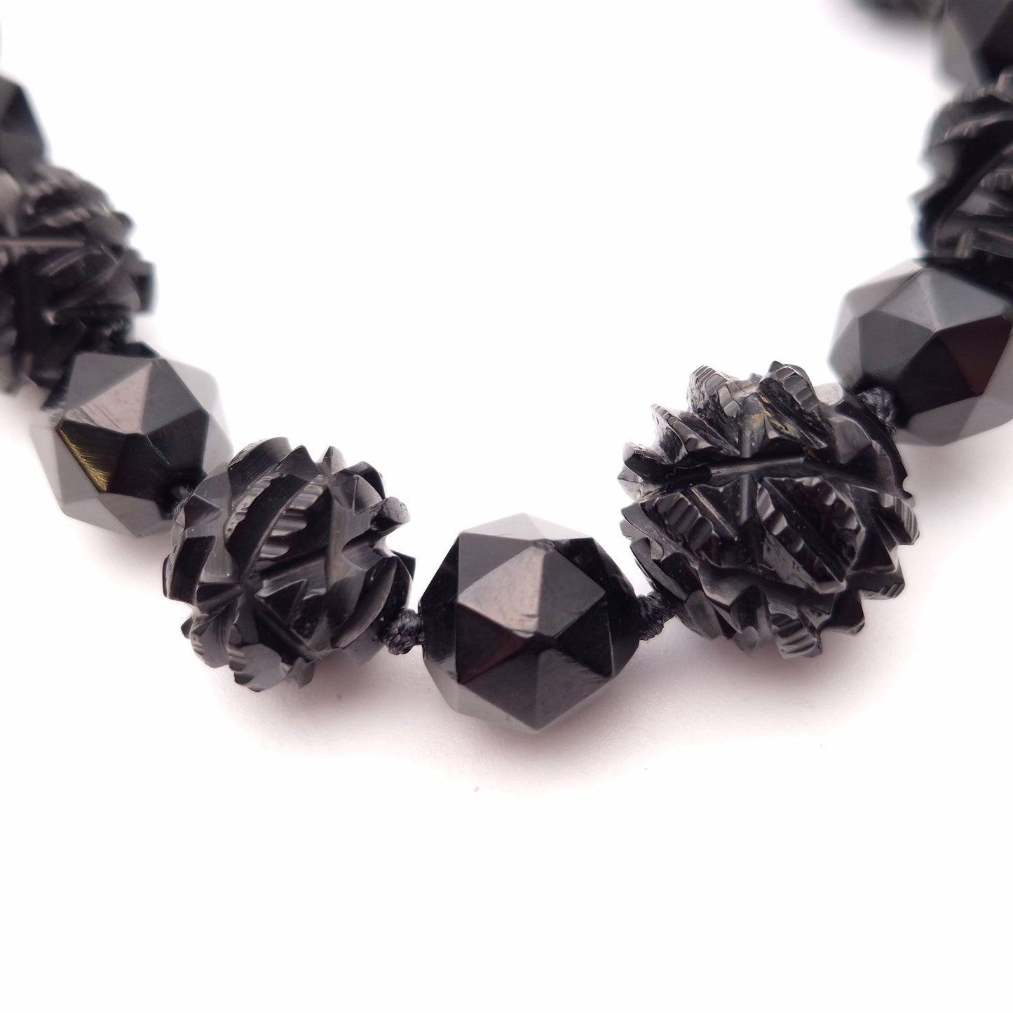 Sterling Silver Carved Whitby Jet Beaded Necklace