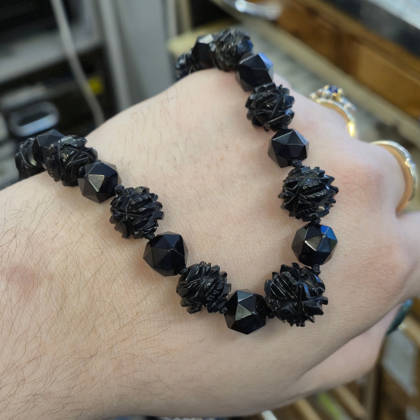 Sterling Silver Carved Whitby Jet Beaded Necklace