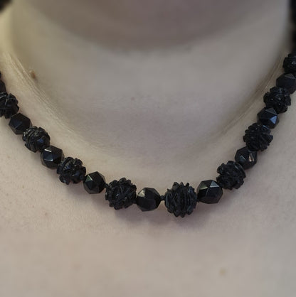Sterling Silver Carved Whitby Jet Beaded Necklace