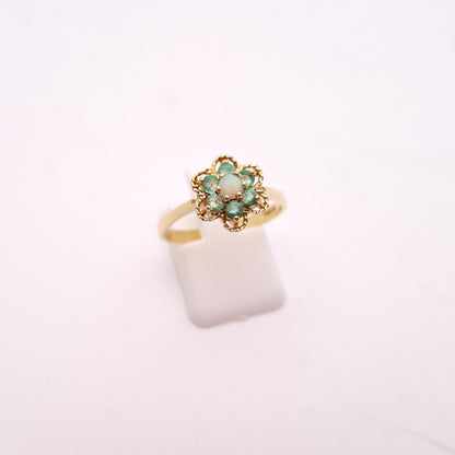 9ct Yellow Gold Cute Emerald and Opal Flower Cluster Ring