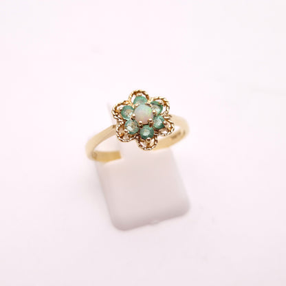 9ct Yellow Gold Cute Emerald and Opal Flower Cluster Ring