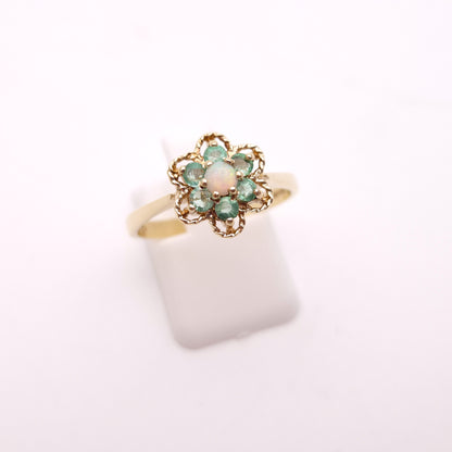 9ct Yellow Gold Cute Emerald and Opal Flower Cluster Ring