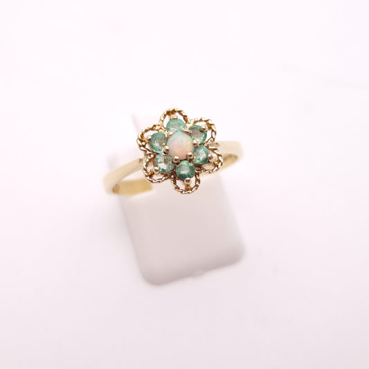 9ct Yellow Gold Cute Emerald and Opal Flower Cluster Ring