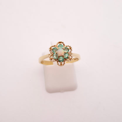 9ct Yellow Gold Cute Emerald and Opal Flower Cluster Ring