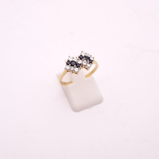 9ct Yellow Gold Vintage Sapphire and White Stone Deco Style Cluster Ring