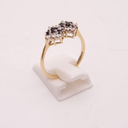 9ct Yellow Gold Vintage Sapphire and White Stone Deco Style Cluster Ring