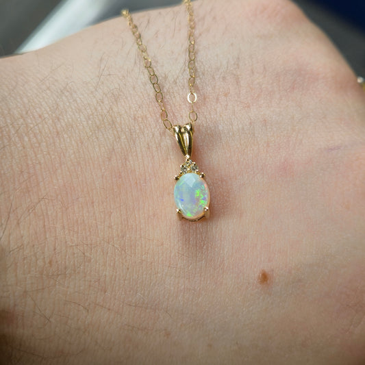 14ct Yellow Gold Opal and Diamond Pendant and 9ct Gold Chain Necklace