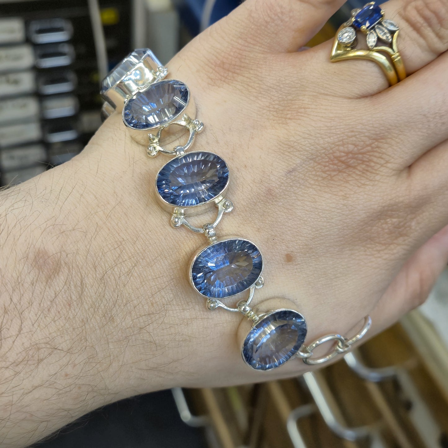 Sterling Silver Chunky Large Blue Quartz Stone Bracelet