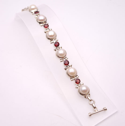 Sterling Silver Chunky Pearl and Garnet Set Link T-Bar Bracelet