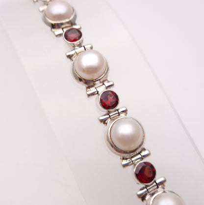 Sterling Silver Chunky Pearl and Garnet Set Link T-Bar Bracelet
