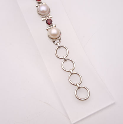 Sterling Silver Chunky Pearl and Garnet Set Link T-Bar Bracelet
