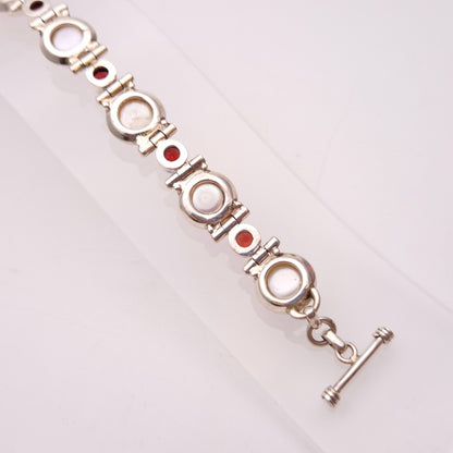 Sterling Silver Chunky Pearl and Garnet Set Link T-Bar Bracelet