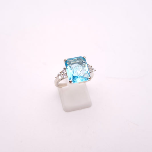 Sterling Silver Large Chunky Blue Paste Stone and CZ Trilogy Ring