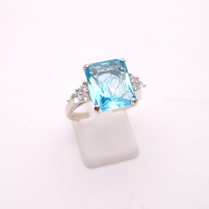Sterling Silver Large Chunky Blue Paste Stone and CZ Trilogy Ring