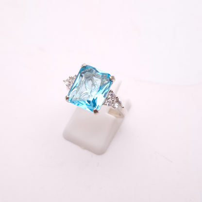 Sterling Silver Large Chunky Blue Paste Stone and CZ Trilogy Ring