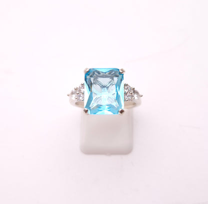 Sterling Silver Large Chunky Blue Paste Stone and CZ Trilogy Ring