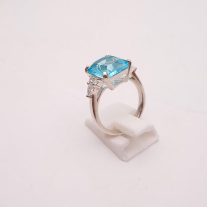 Sterling Silver Large Chunky Blue Paste Stone and CZ Trilogy Ring