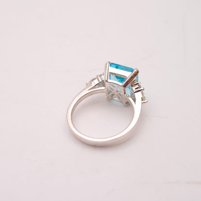 Sterling Silver Large Chunky Blue Paste Stone and CZ Trilogy Ring