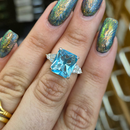 Sterling Silver Large Chunky Blue Paste Stone and CZ Trilogy Ring