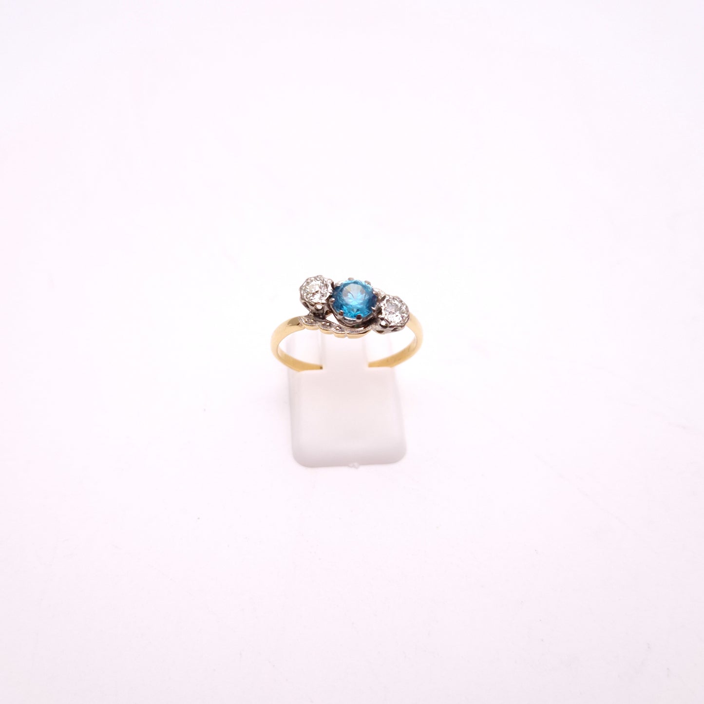 18ct Yellow Gold and Platinum Antique Blue Zircon and Diamond Trilogy Ring