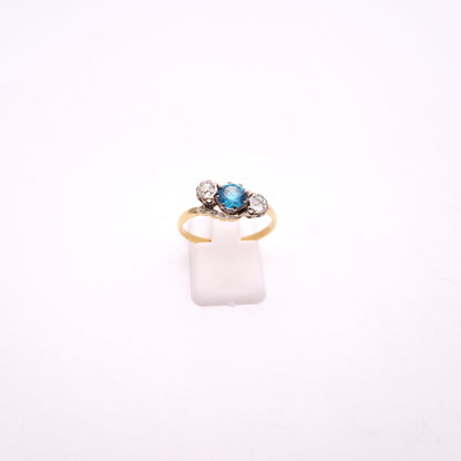 18ct Yellow Gold and Platinum Antique Blue Zircon and Diamond Trilogy Ring