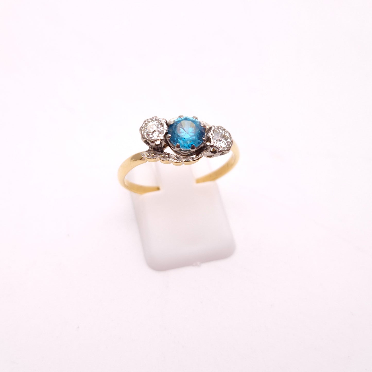 18ct Yellow Gold and Platinum Antique Blue Zircon and Diamond Trilogy Ring