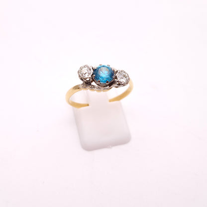 18ct Yellow Gold and Platinum Antique Blue Zircon and Diamond Trilogy Ring