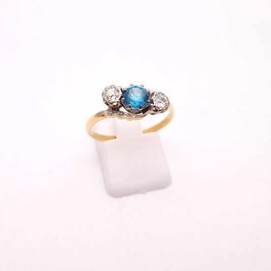 18ct Yellow Gold and Platinum Antique Blue Zircon and Diamond Trilogy Ring