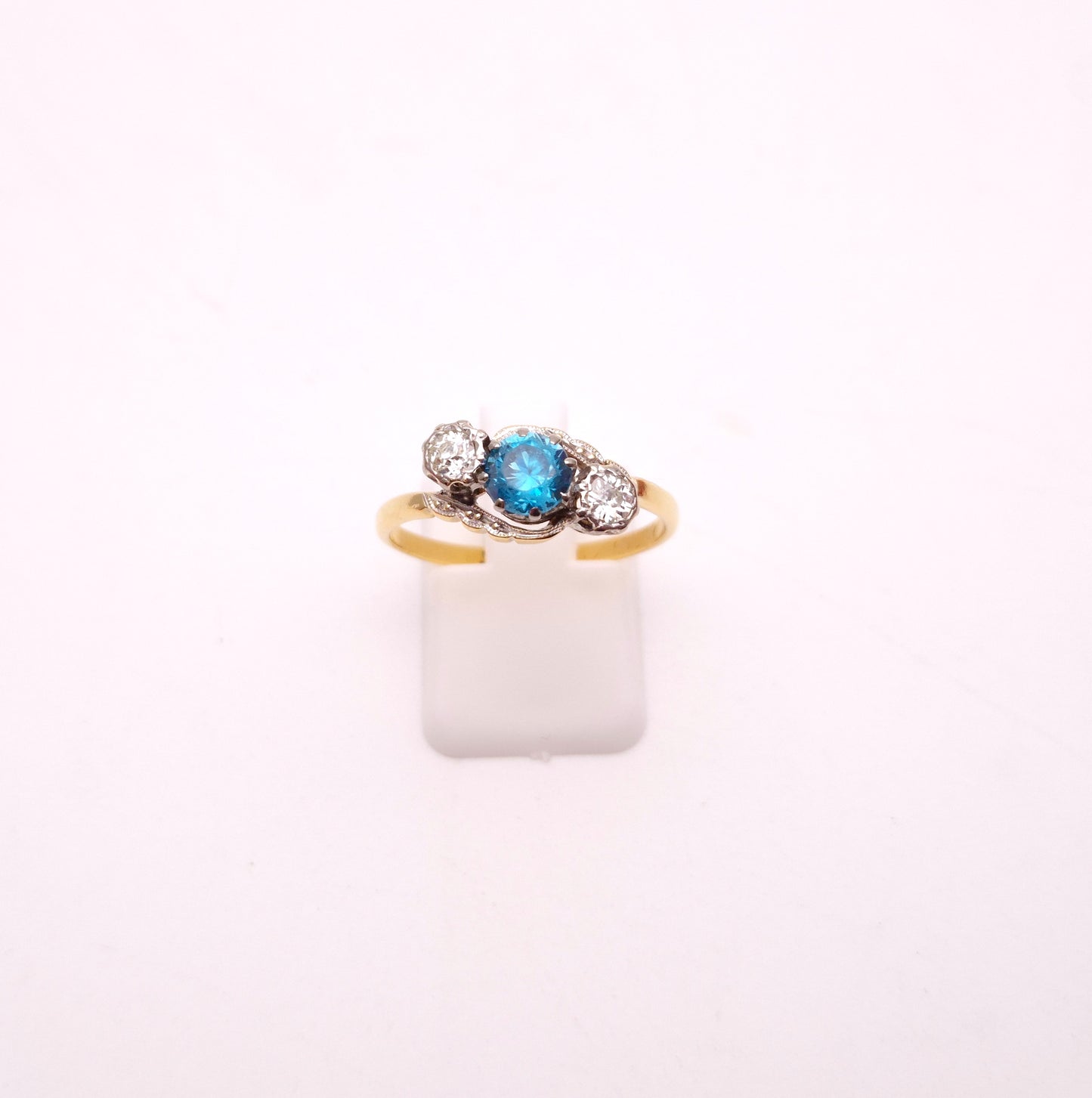 18ct Yellow Gold and Platinum Antique Blue Zircon and Diamond Trilogy Ring