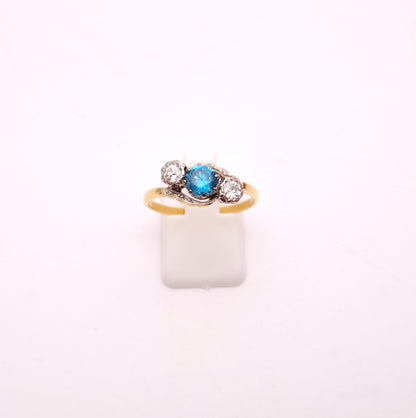 18ct Yellow Gold and Platinum Antique Blue Zircon and Diamond Trilogy Ring