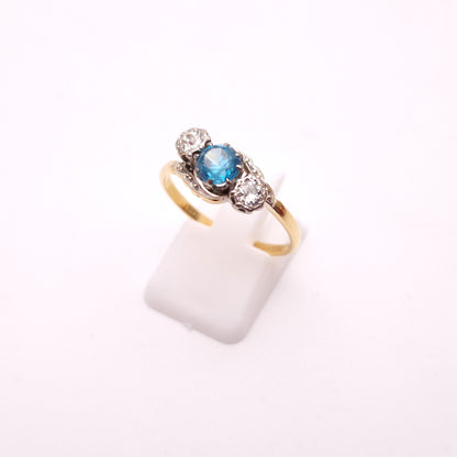 18ct Yellow Gold and Platinum Antique Blue Zircon and Diamond Trilogy Ring