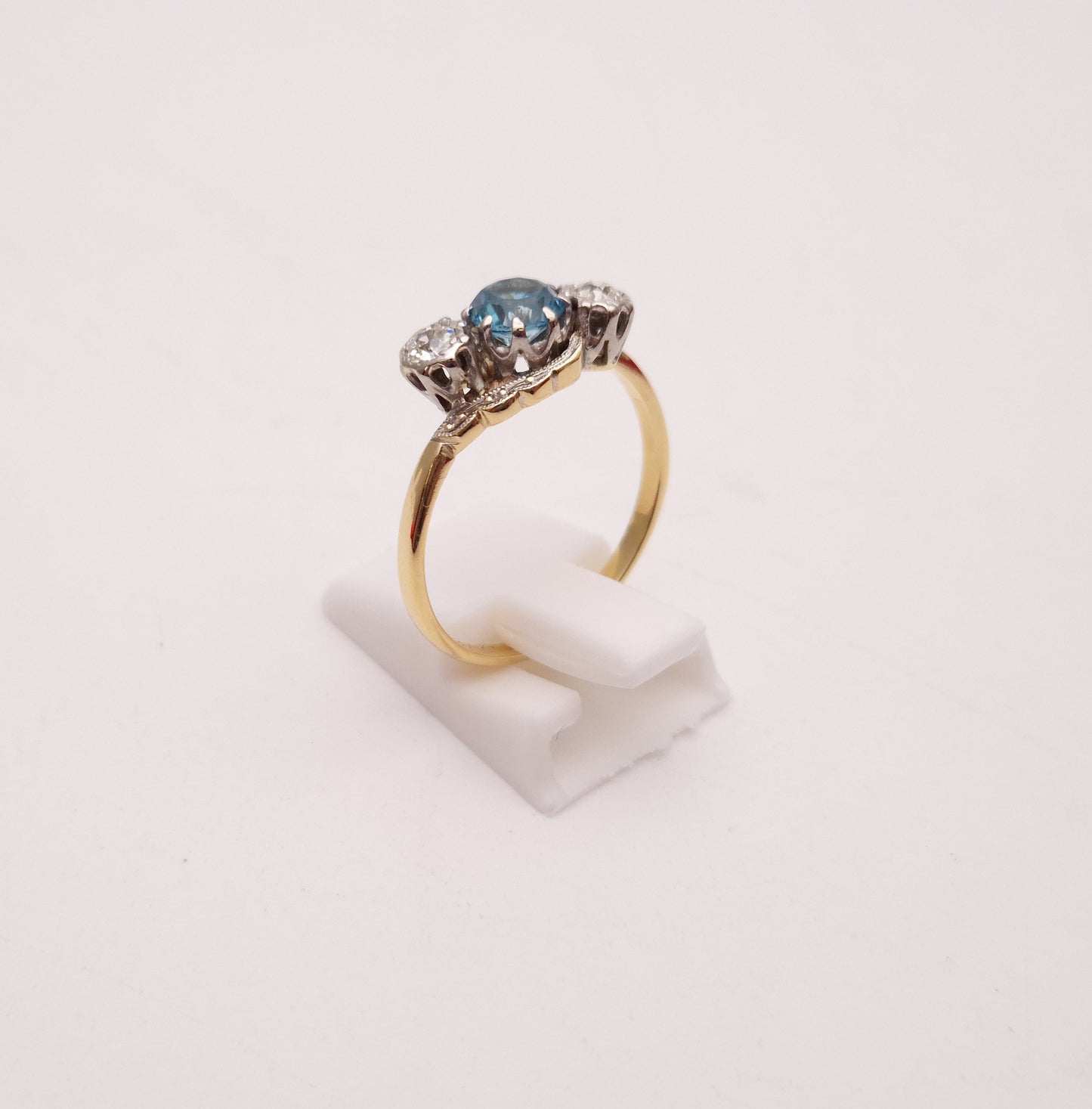 18ct Yellow Gold and Platinum Antique Blue Zircon and Diamond Trilogy Ring