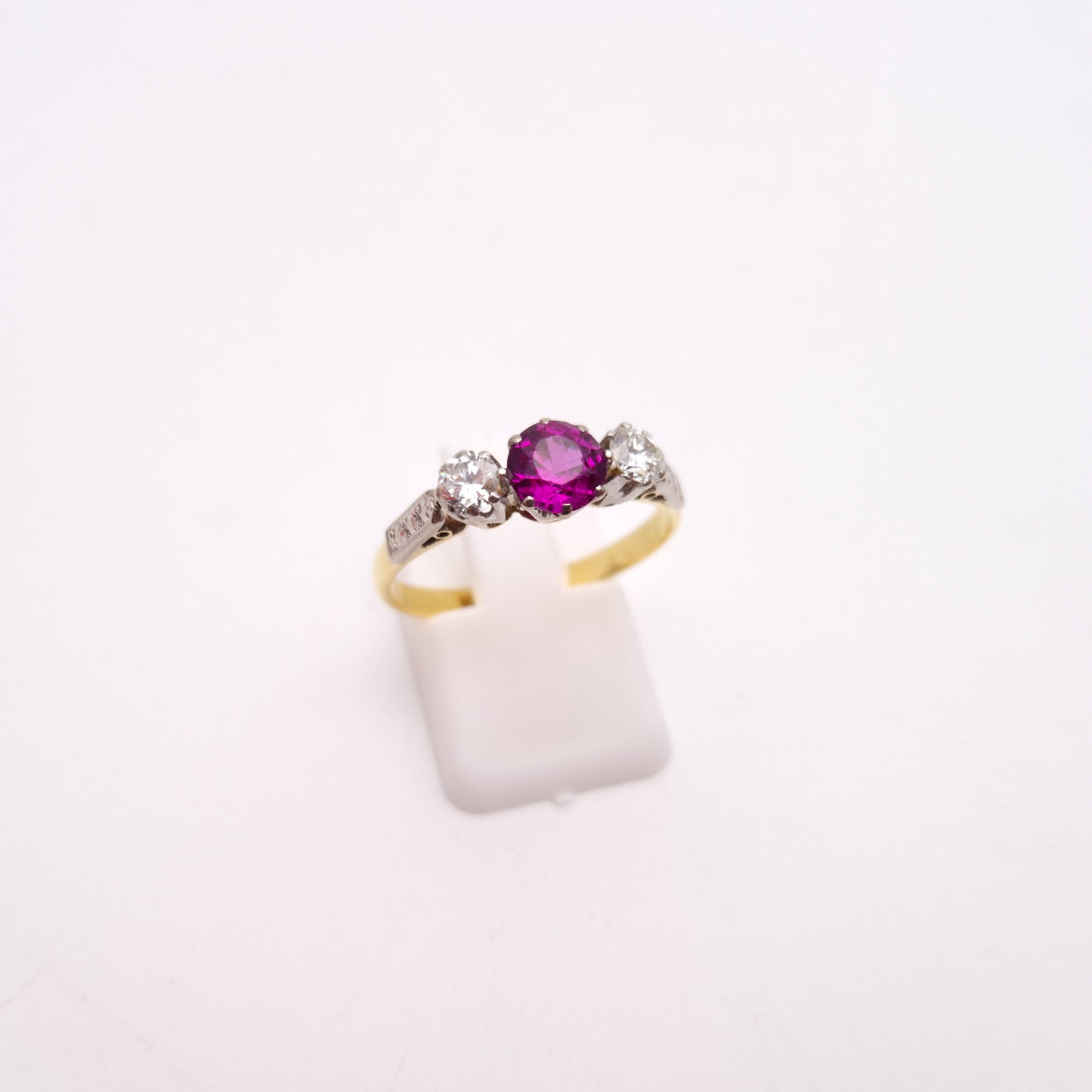 18ct Yellow Gold and Platinum Antique Ruby and Diamond Trilogy Three Stone Ring