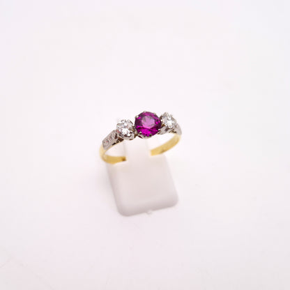 18ct Yellow Gold and Platinum Antique Ruby and Diamond Trilogy Three Stone Ring