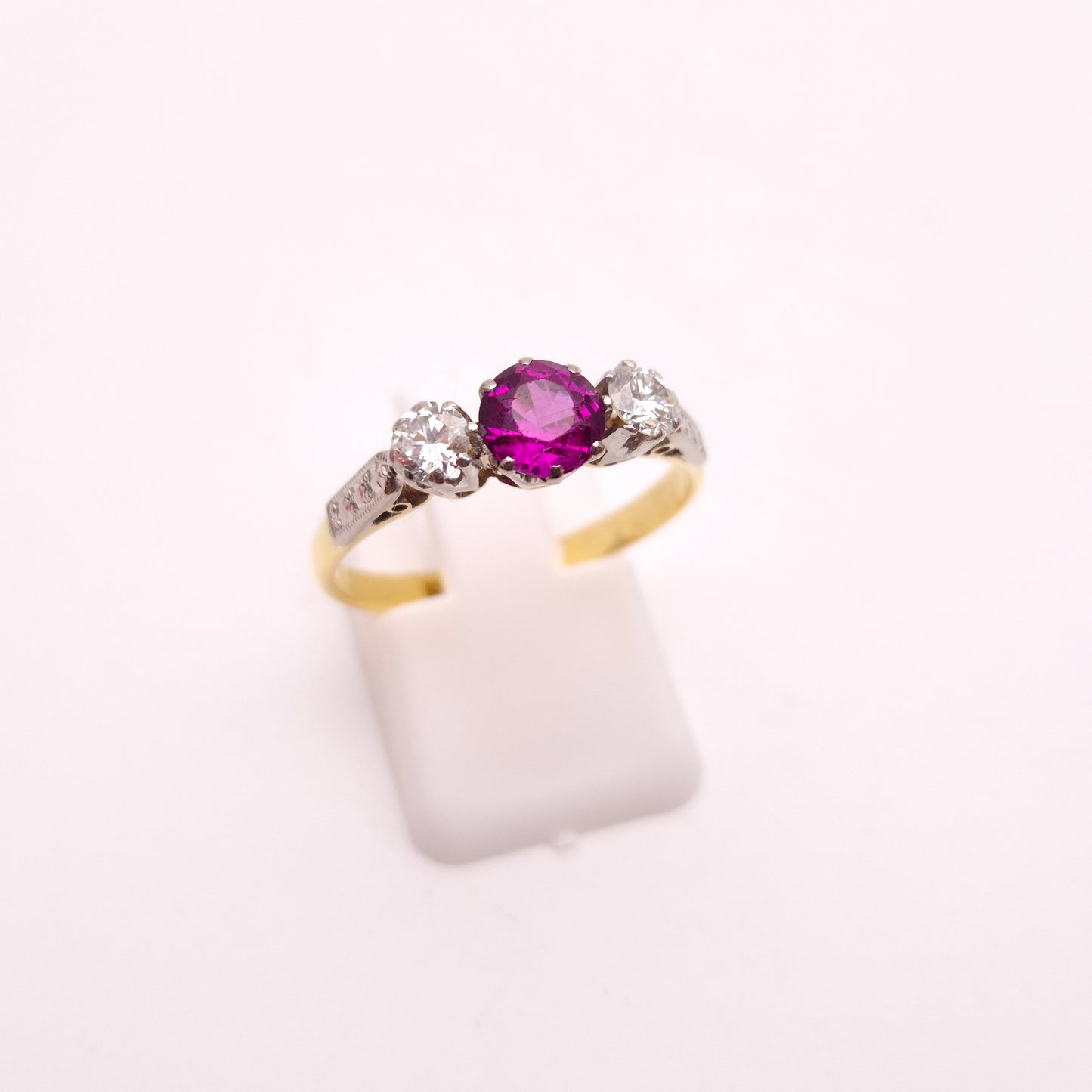 18ct Yellow Gold and Platinum Antique Ruby and Diamond Trilogy Three Stone Ring
