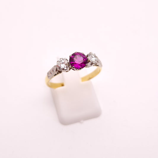 18ct Yellow Gold and Platinum Antique Ruby and Diamond Trilogy Three Stone Ring