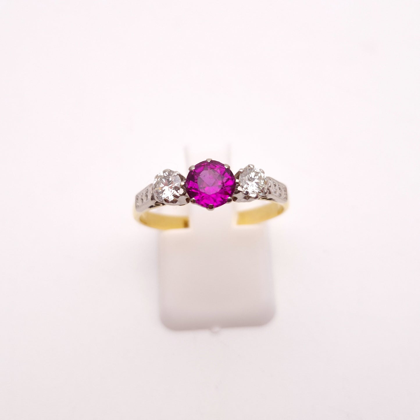 18ct Yellow Gold and Platinum Antique Ruby and Diamond Trilogy Three Stone Ring